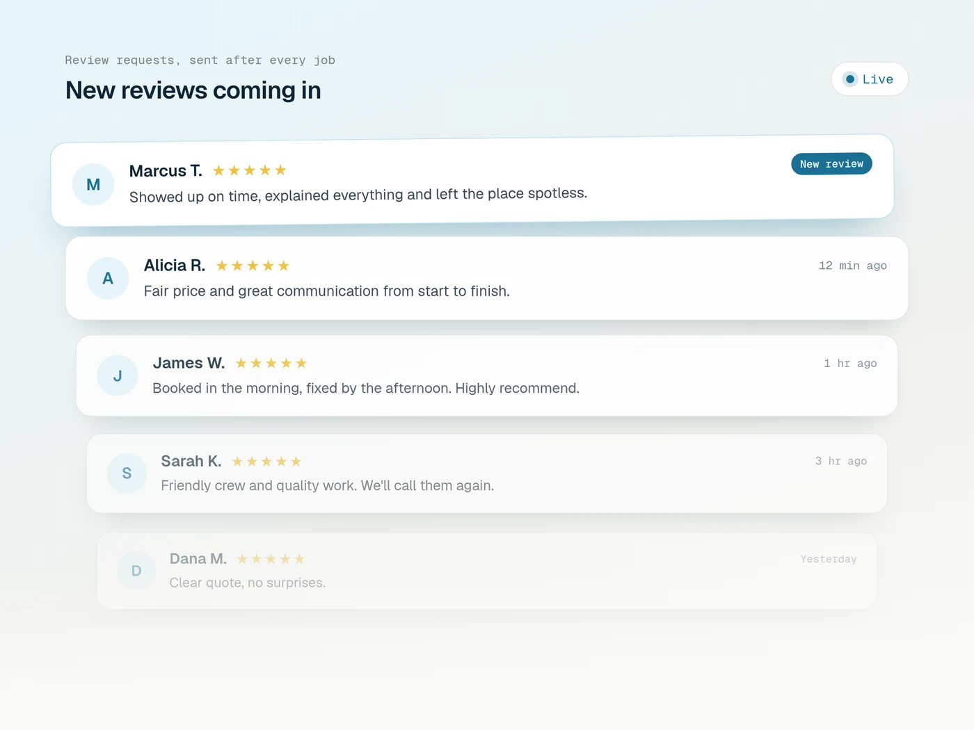 Illustration of new five-star Google reviews arriving after automated review requests