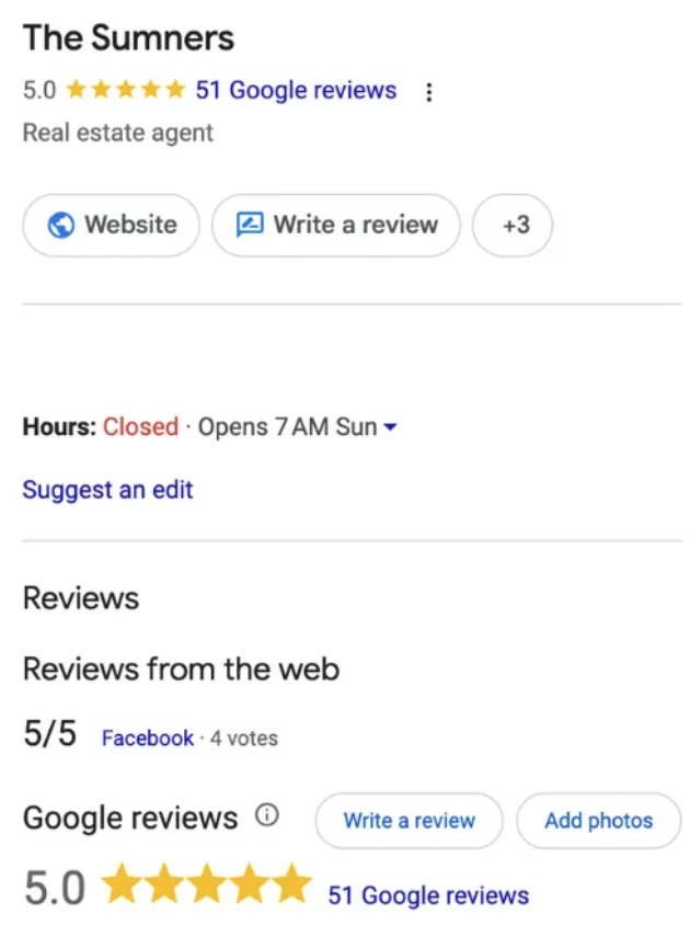 Google Business Profile for The Sumners, a real estate agent: 5.0 stars from 51 Google reviews
