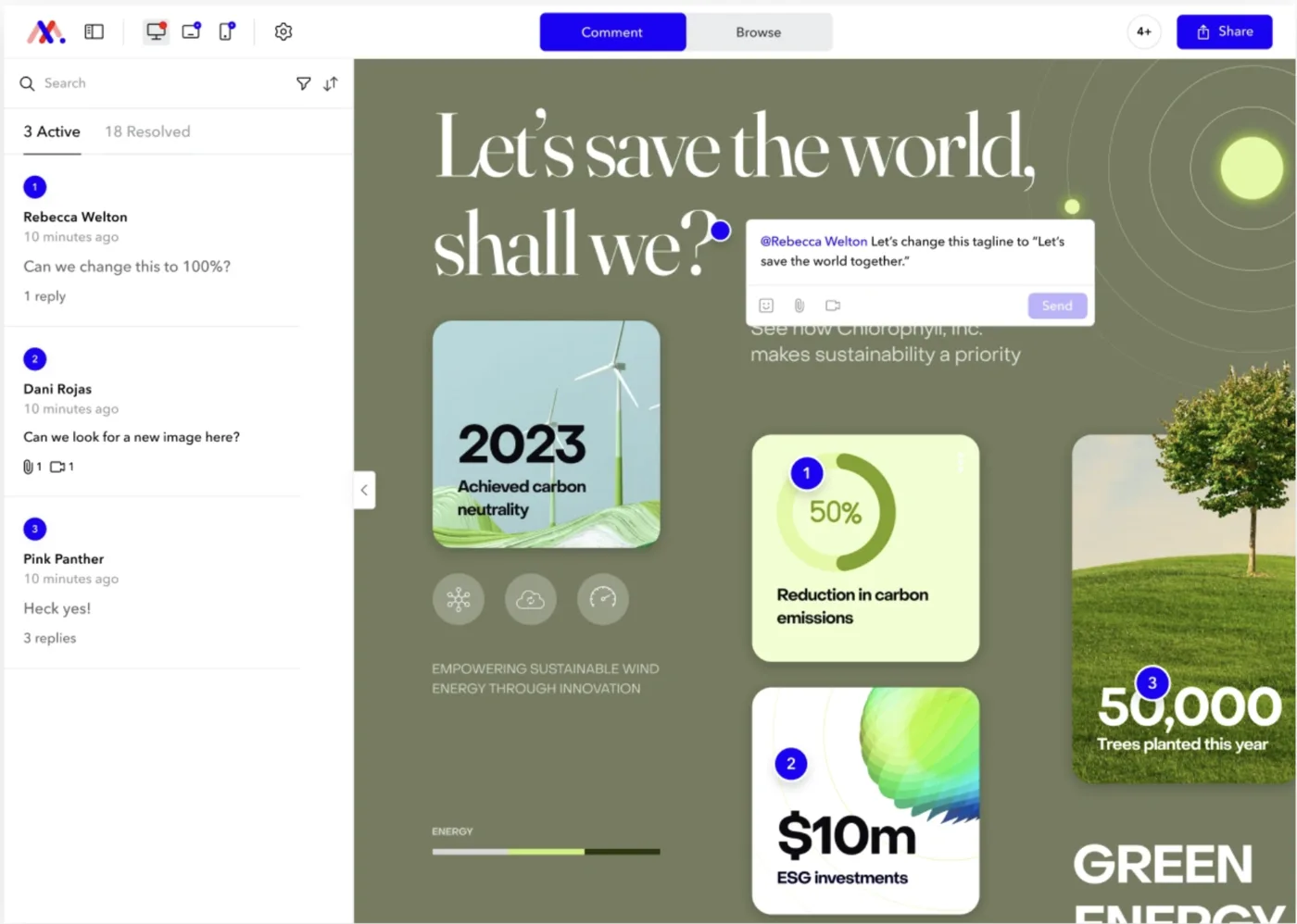 Markup one-click edit interface on a live design