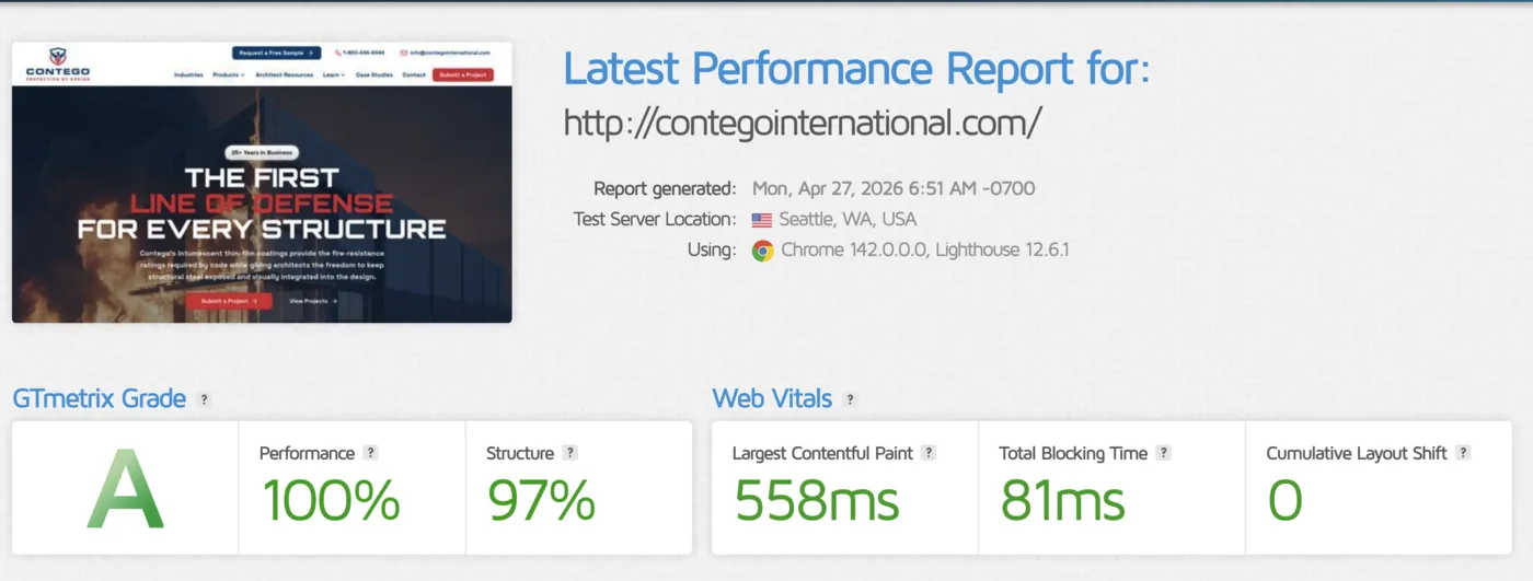 Contego International GTmetrix report after High Tide rebuild: Grade A, 100% performance, 558ms load time