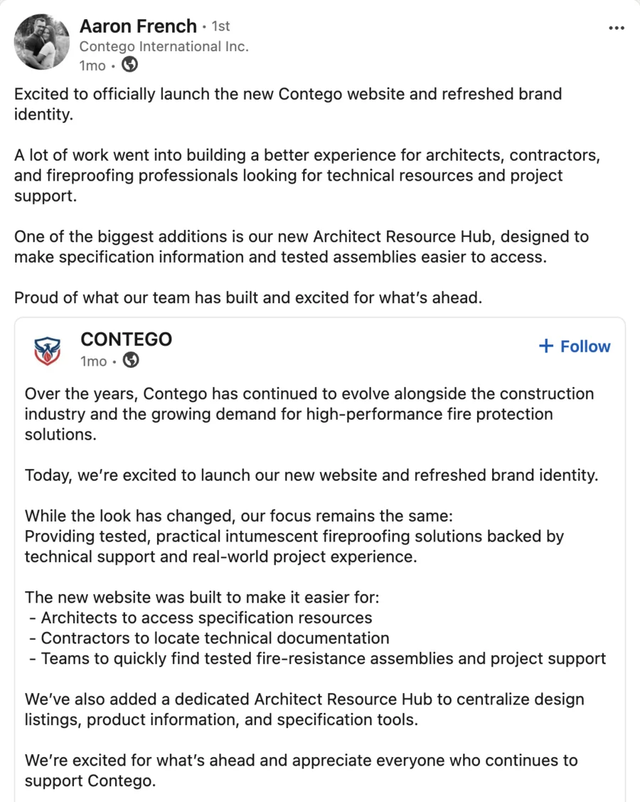 Contego International LinkedIn post announcing the new website built by High Tide Marketing