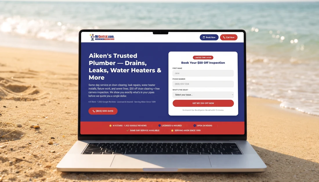 MrCentral.com plumbing website built by High Tide Marketing